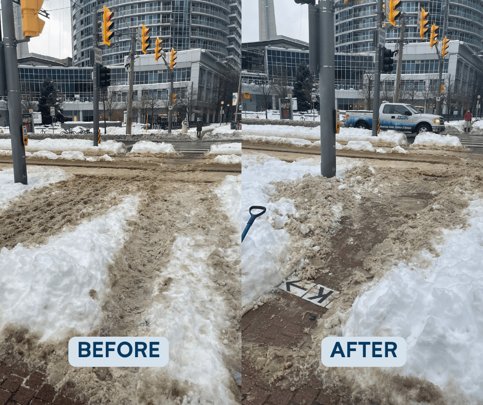 Amir Clean Streets Team Waterfront Toronto Shovelling Snow Before and After